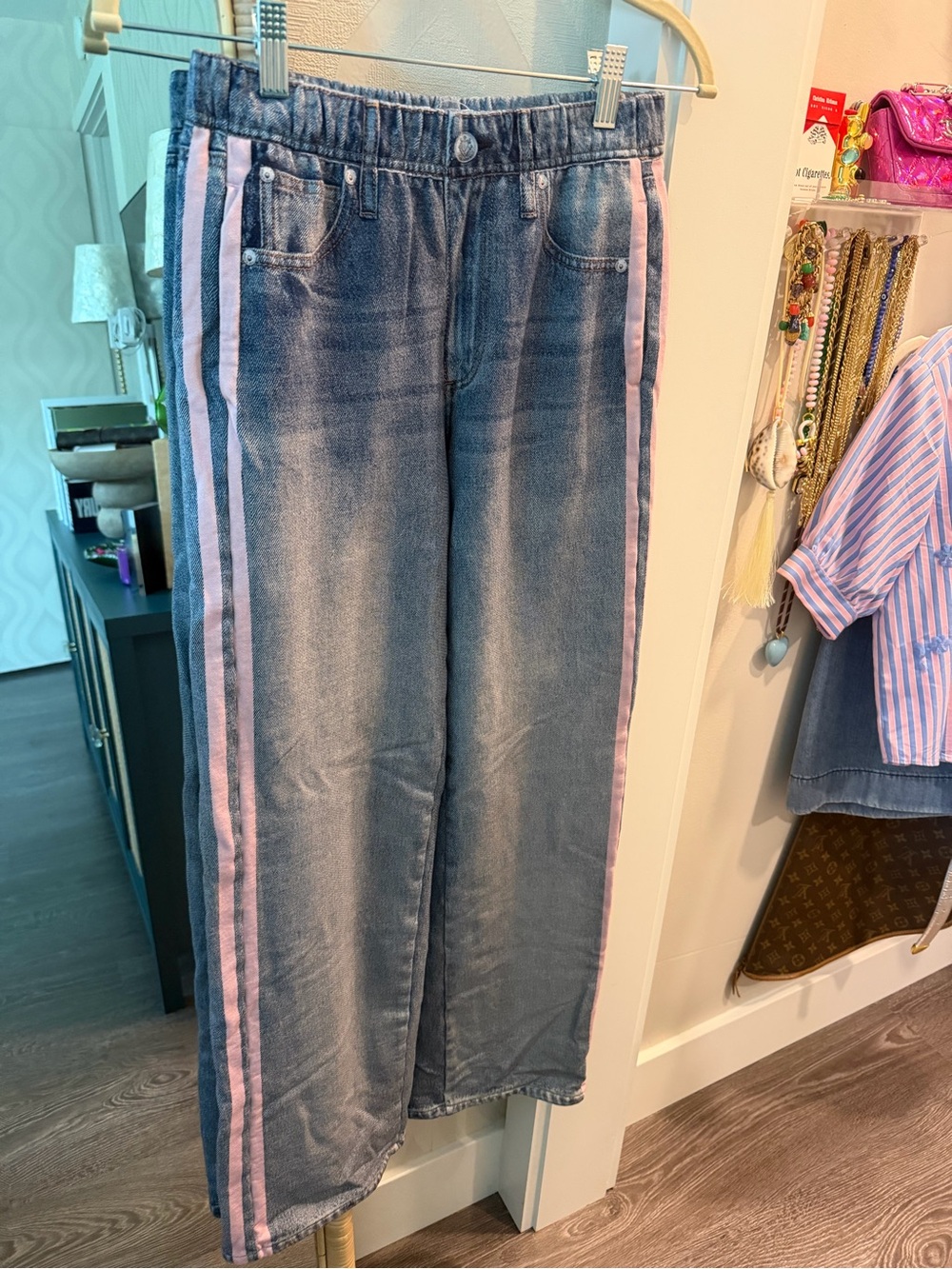 rag & bone Blue Denim Women's Relaxed “Jeans” sweatpants with Pink Side Stripes